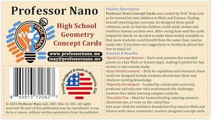 Professor Nano High School Geometry Concept Cards || 4x7.11 inches, Set of 11 || Cheat Sheet, Quickstudy