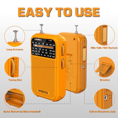 XHDATA D220 Portable Radio AM FM SW Shortwave Receiver Pocket Radio - color: Orange