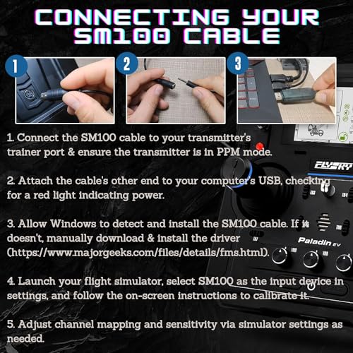 Flysky SM100 USB RC Airplane Drone Flight Simulator Adapter Cable 2.4G for FS-i6 FS-i10 FS-i6 FS-i4 FS-T6 FS-CT68 FS-T4B FS-GT3 TH9X GT2 Remote Controller Transmitter to Computer Simulator Software