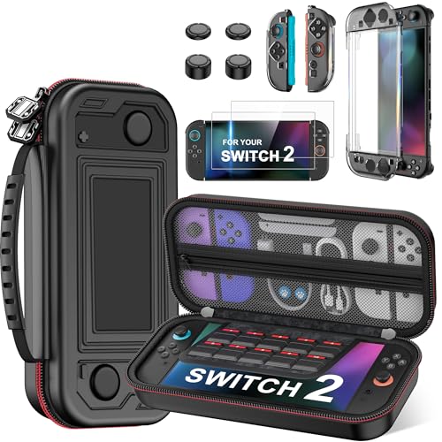 Spican Switch 2 Accessories Bundle 4-in-1, Switch Hard Shell Carrying Case for Switch 2/Switch/OLED, Magnetic Cover for Split-Pad/4XThumb Grips/2XProtectors - size: 4 in 1 Bundle | Embossed