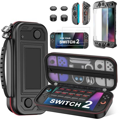 Spican Switch 2 Accessories Bundle 4-in-1, Switch Hard Shell Carrying Case for Switch 2/Switch/OLED, Magnetic Cover for Split-Pad/4XThumb Grips/2XProtectors - size: 4 in 1 Bundle | Embossed