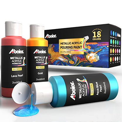 ABEIER Metallic Acrylic Pouring Paint Set, 18 Colors x 2 oz, Pre-Mixed - color: metallic colors