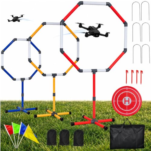 Drone Obstacle Course Kit, 3 FPV Racing Gates with 20/23/27 Inch Hoops, Landing Pad, Ground Stakes, Training Flags & Carry Bag, RC Drone Training Set for Indoor Outdoor Practice