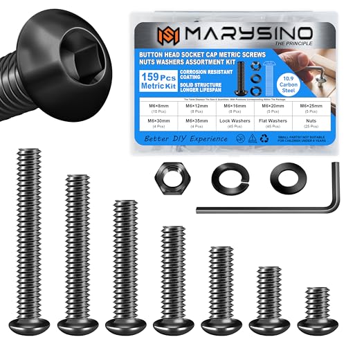 159 Pieces M6 Screw, Button Head Socket Cap Metric Screws Assortment Kit, Grade 10.9 Carbon Steel M6 Bolts and Washers/Nuts/Hex Wrenches, Black Oxided by Marysino - size: 159Pcs M6