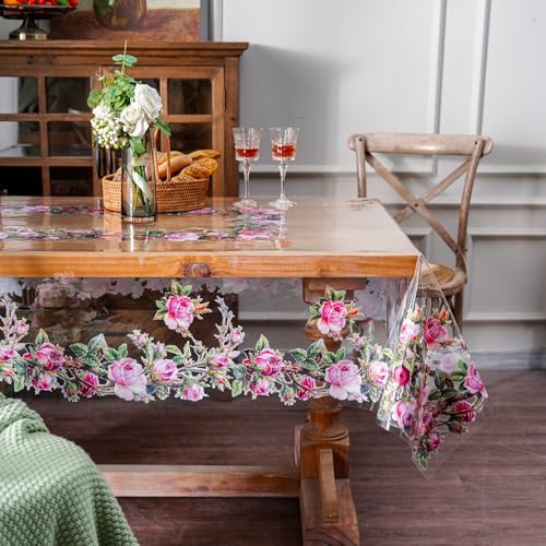 ARTABLE Clear Vinyl Tablecloth Rose Floral Print Wipeable 52 x 70 Inch - color: Rose, size: 70" x 52" (Rectangular)
