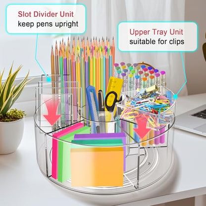Vowcarol Acrylic Pen Holder for Desk, 360 Degree Rotating Marker Organizer, Art Supply Storage - 6 Compartments