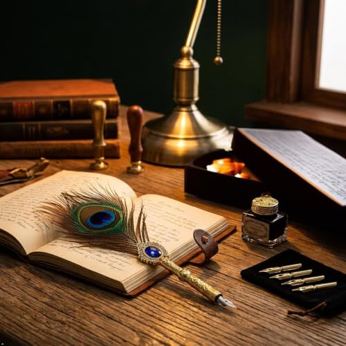 Joyeee Peacock Feather Pen and Ink Set, Writing Set for Lettering - color: Peacock Feather Pen and Ink Set
