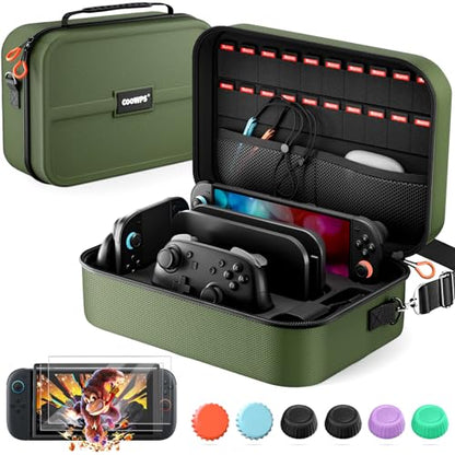 COOWPS for Nintendo Switch 2 Case, 2-Pack Screen Protectors, 6 Thumb Grips - color: Dark Green