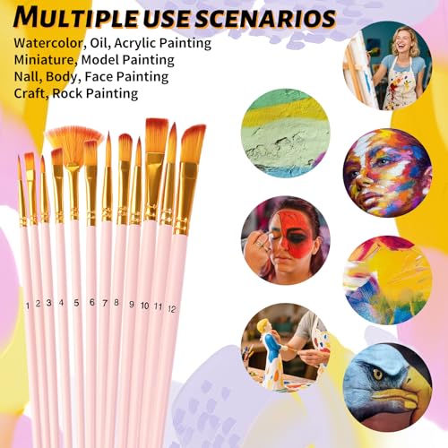 Paint Brushes Set 12 Pcs, Face Paint Brushes and Sponges Set Professional for Oil Watercolor, Miniature Detailing, Artist Paintbrushand, Rock Painting for Kids Adult(Pink) - color: Pink
