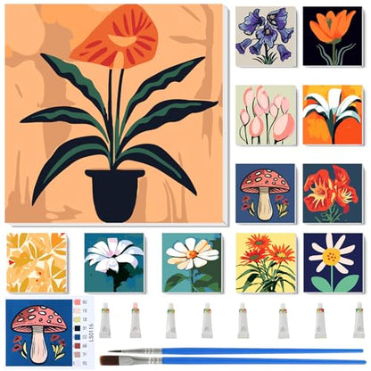 Nezyo 12 Sets Paint by Numbers with Frame for Adults, Canvas 8x8 Inch - style: Plant