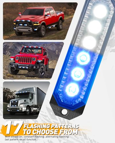 HLauto 406T Emergency Strobe Grille Lights: 4Pcs 6 LED Sync Feature Safety Warning Flashing Light, 12V-24V Ultra Slim Surface Mount Hazard Caution Light for Truck, Vehicle, Car, ATV, UTV (Blue White) - color: Blue/White