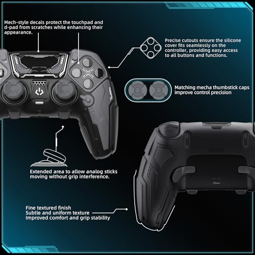 PlayVital for ps5 Edge Controller Silicone Cover Skin - Stellar Mecha Anti-slip Grip Protector for ps5 Edge Controller with Joystick Cap & Sticker, Shockproof Case - Black & Gunmetal Gray - color: Black & Gunmetal Gray