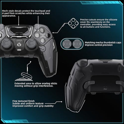 PlayVital for ps5 Edge Controller Silicone Cover Skin - Stellar Mecha Anti-slip Grip Protector for ps5 Edge Controller with Joystick Cap & Sticker, Shockproof Case - Black & Gunmetal Gray - color: Black & Gunmetal Gray