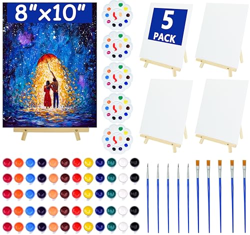 5 Pack 8x10 Canvas and Easel Set, Paint and Sip Kit for Adults Party