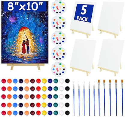 5 Pack 8x10 Canvas and Easel Set, Paint and Sip Kit for Adults Party