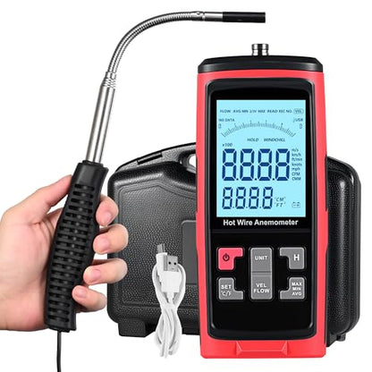 Hot Wire Anemometer Handheld with Bendable Telescoping Probe, HVAC in-Duct Peak Airflow Wind Speed Anemometer, Temperature CFM CMM Meter, Backlit LCD, Data Record & Output