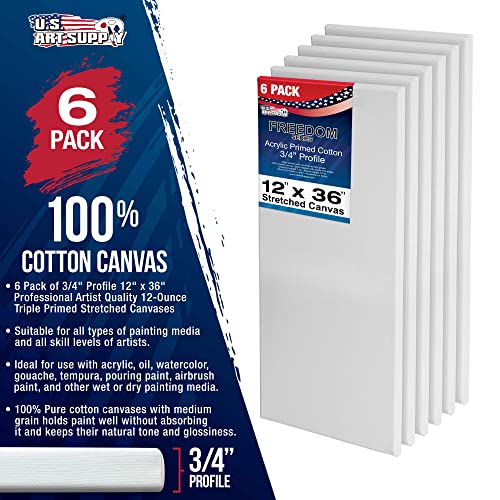 U.S. Art Supply 12"x36" Stretched Canvas for Painting, 3/4" Profile, 6-Pack - size: 12" x 36"