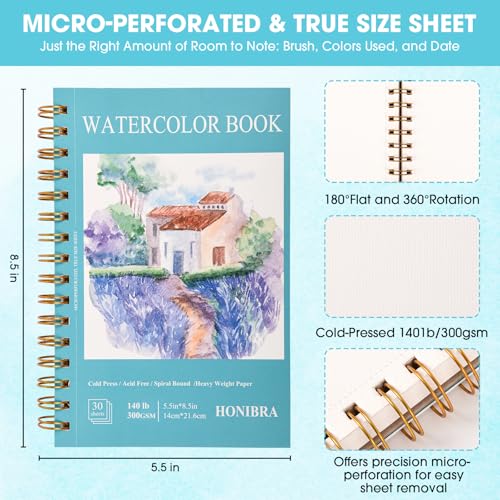 HONIBRA Watercolor Paper Pad 5.5" x 8.5", 30 Sheets 140lb/300gsm - size: 5.5" x 8.5"