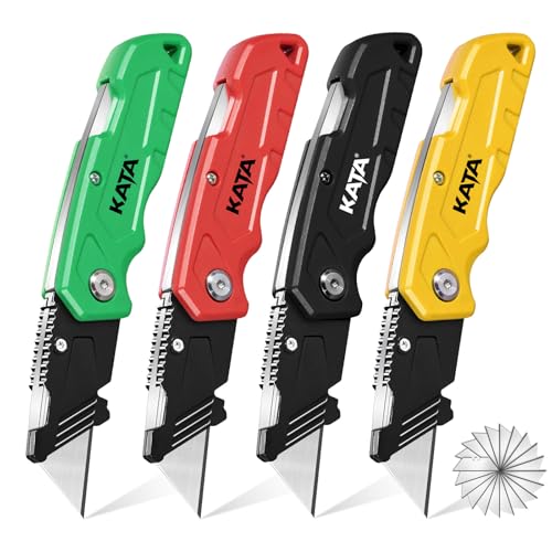 KATA 4 Pack Folding Utility Knife Set, Box Cutter with Extra 20 SK5 Blades - color: D