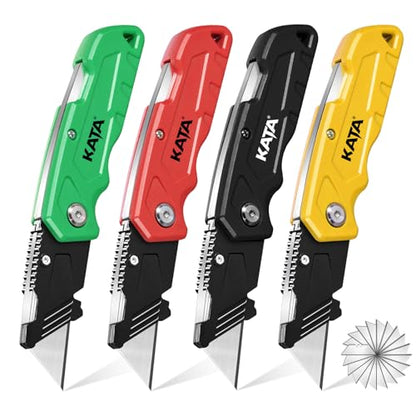 KATA 4 Pack Folding Utility Knife Set, Box Cutter with Extra 20 SK5 Blades - color: D