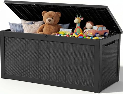 Outdoor Storage Box, 380 Gallon Waterproof Resin Deck Box with Support Rod - color: Black, size: 380 Gallon