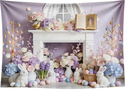 7x5FT Easter Backdrop Pastel Purple Floral Wall with Bunny Easter Eggs Background for Spring Themed Baby Birthday Shower Party Decor Vinyl
