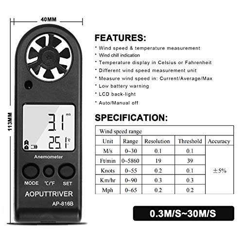 Anemometer Handheld, Air Velocity Meter up to 67mph Light Weight 53g - color: 816B Pocket