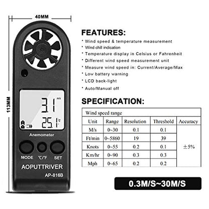 Anemometer Handheld, Air Velocity Meter up to 67mph Light Weight 53g - color: 816B Pocket