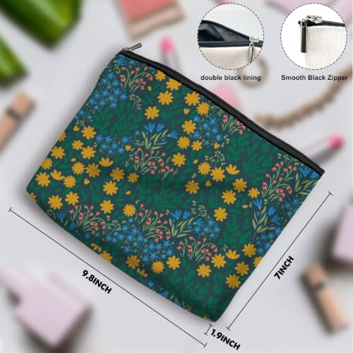 Boho Makeup Bag, Yellow Blue Wildflower Cosmetic Bag Makeup Organizer Pouch - color: Wildflower02