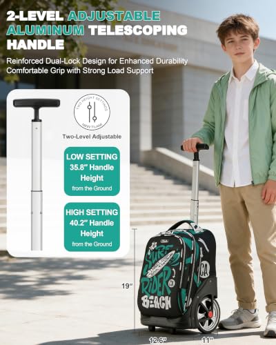 NEW TILAMI 19 Inch Rolling Backpack for School Stair-Climbing Big Wheel - color: Green Surf Rider