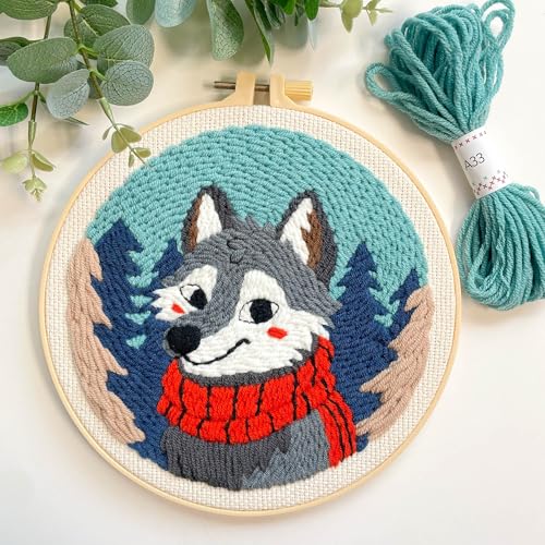 Myfelicity Punch Needle kit, a Beginner Set with Wolf Pattern Design, Suitable for Beginners and Adults with 7.9-inch Hoop - color: wolf