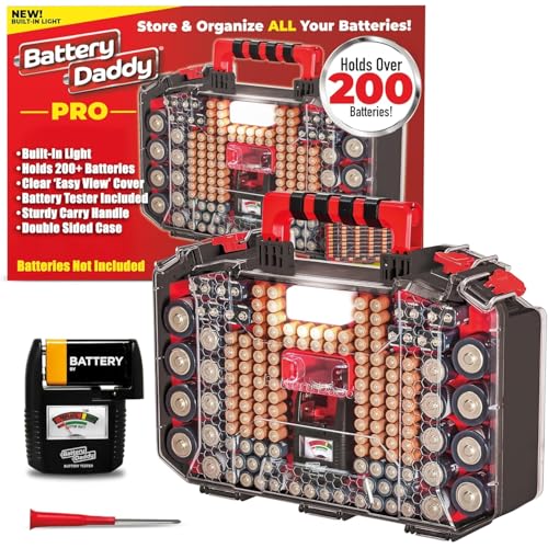 Battery Daddy Storage & Organizer Case w/Light and Tester, Stores & Protects Over 200 Batteries, Double-Sided, Clear Locking Lid, Secure Latches & Portable Handle- Black (Batteries Not Included) - size: Original - 200 Batteries