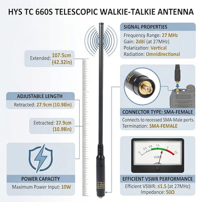 HYS 27MHz SMA-Female Telescopic CB Antenna for Quansheng Radio