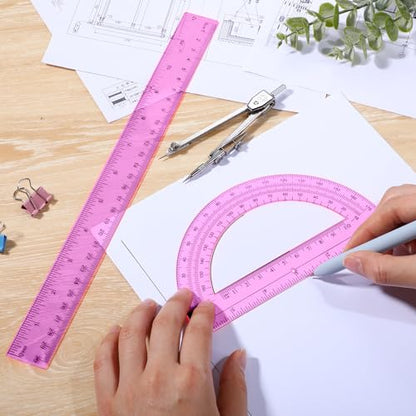 Zonon 3 Pcs 12" Clear Plastic Ruler 6 Inch Protractor Compass Set, Pink - color: Pink, size: 12 Inch