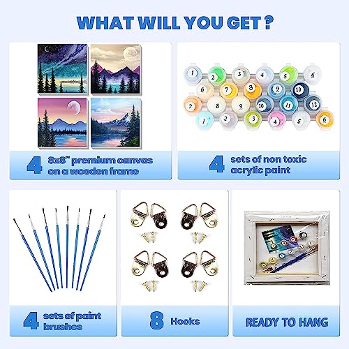 4 Pack Paint by Numbers Kits for Adults with Frame 8x8 Inch