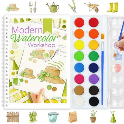 Beginners Watercolor Workbook for Adults, Step-by-Step Coloring Book Set - style: Garden
