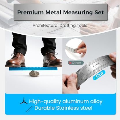 2 Pcs Architectural Scale Ruler 12 Inch, Aluminum Architect Ruler & Metal Ruler Set, Imperial Engineer Scale for Blueprints, Drafting Ruler for Architects, Students, Draftsmen, and Engineers (Blue)