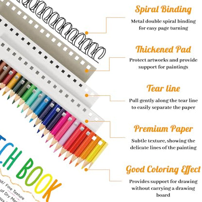 2 Pack Sketch Books for Kids 9 × 12In, 100gsm Drawing Pad with 36 Pencils - color: Classic