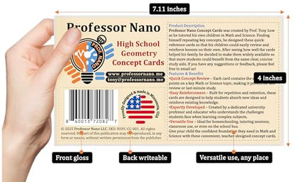 Professor Nano High School Geometry Concept Cards || 4x7.11 inches, Set of 11 || Cheat Sheet, Quickstudy