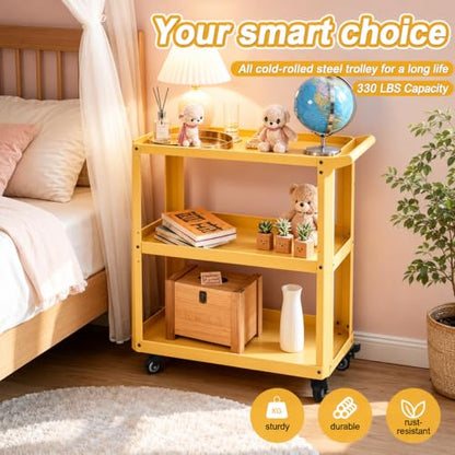 3 Tier Metal Utility Rolling Cart with Wheels, Yellow - color: Yellow