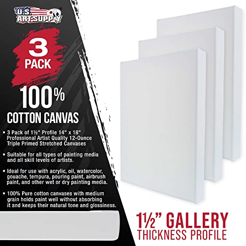 U.S. Art Supply 14"x18" Stretched Canvas for Painting, Gallery Depth 3-Pack - size: 14" x 18"