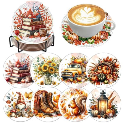 8 PCS Autumn Diamond Art Coasters Kit for Adults,Diamond Painting Coasters - color: Autumn