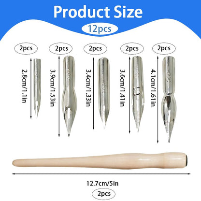 12 Pcs Dip Pen Set, Comic Drawing Pen Kit with Wooden Holder and Stainless Steel Nibs for Writing, Sketching, Signing and Painting