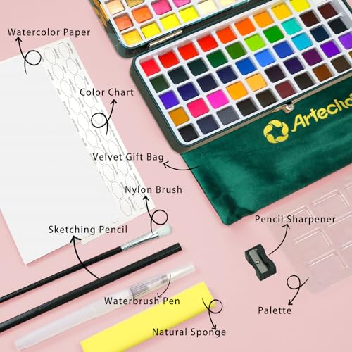 Artecho 100 Colors Watercolor Paint Set with Metallics, Portable Tin Case - style: 100 Colors