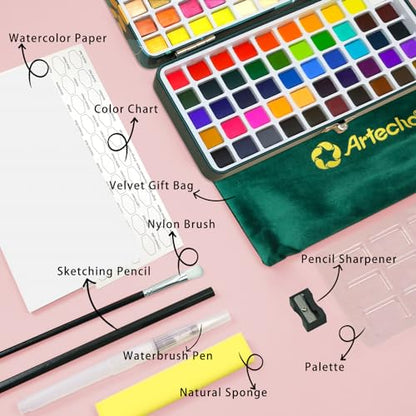 Artecho 100 Colors Watercolor Paint Set with Metallics, Portable Tin Case - style: 100 Colors
