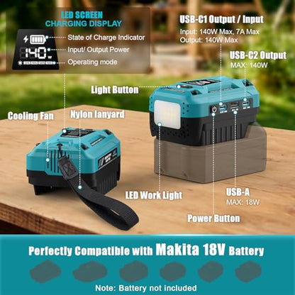 140W USB Battery Charger Compatible with Makita 18V Battery - color: Blue