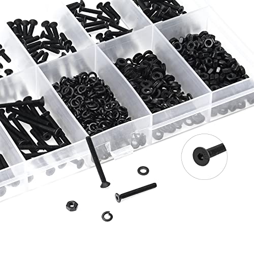 HELIFOUNER 560 Pieces M2.5 x 4mm /6mm /8mm /10mm /12mm /16mm /20mm, Countersunk Head Socket Cap Screws Bolts Washers Nuts Kit, 10.9 Grade Alloy Steel, Full Threaded, Black - size: M2.5, style: Countersunk Head