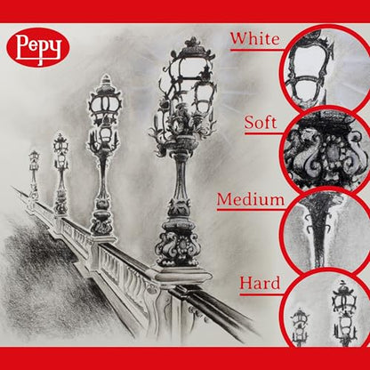 Pepy Professional Soft Charcoal Pencil Set – Set of 6 Pre-Sharpened Black Charcoal Pencils; Perfect for Drawing, Sketching, Blending and Shading