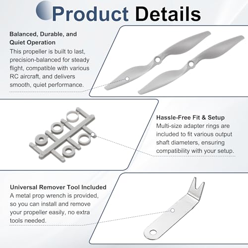 MECCANIXITY 7x5 Inch RC Propellers, 2-Vane Blades Prop Replacements Gray High Speed Propeller with Adapter Rings & Prop Wrench for RC Airplane Drones, Pack of 2 - size: 7" x 5"