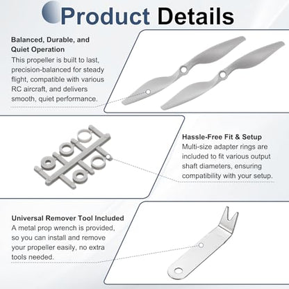 MECCANIXITY 7x5 Inch RC Propellers, 2-Vane Blades Prop Replacements Gray High Speed Propeller with Adapter Rings & Prop Wrench for RC Airplane Drones, Pack of 2 - size: 7" x 5"